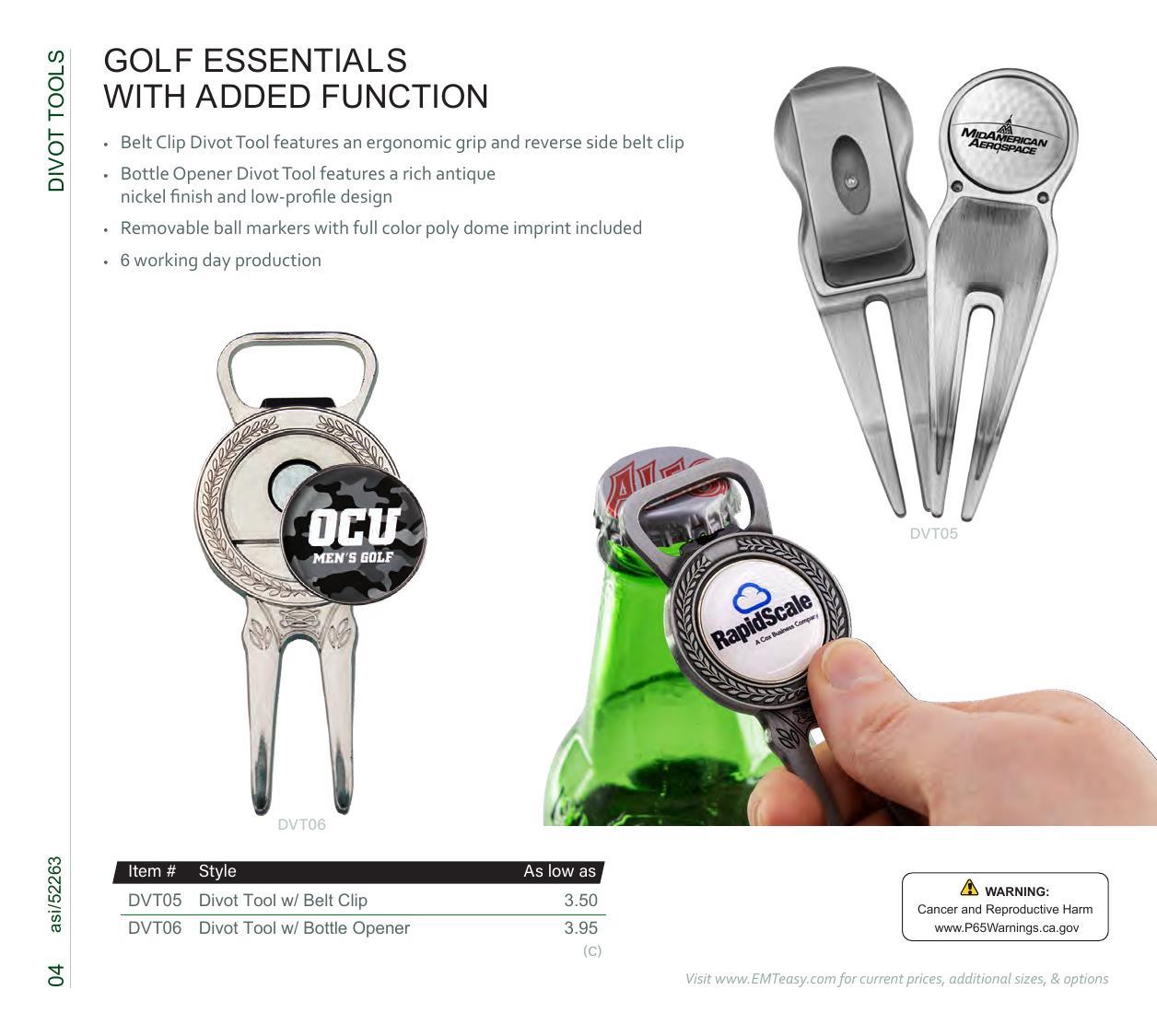 Golf essentials including divot tools, hat clips, &amp; more. Features Pitchfix &amp; Snaps.