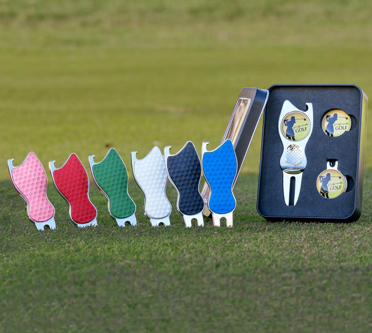 Golf essentials including divot tools, hat clips, &amp; more. Features Pitchfix &amp; Snaps.