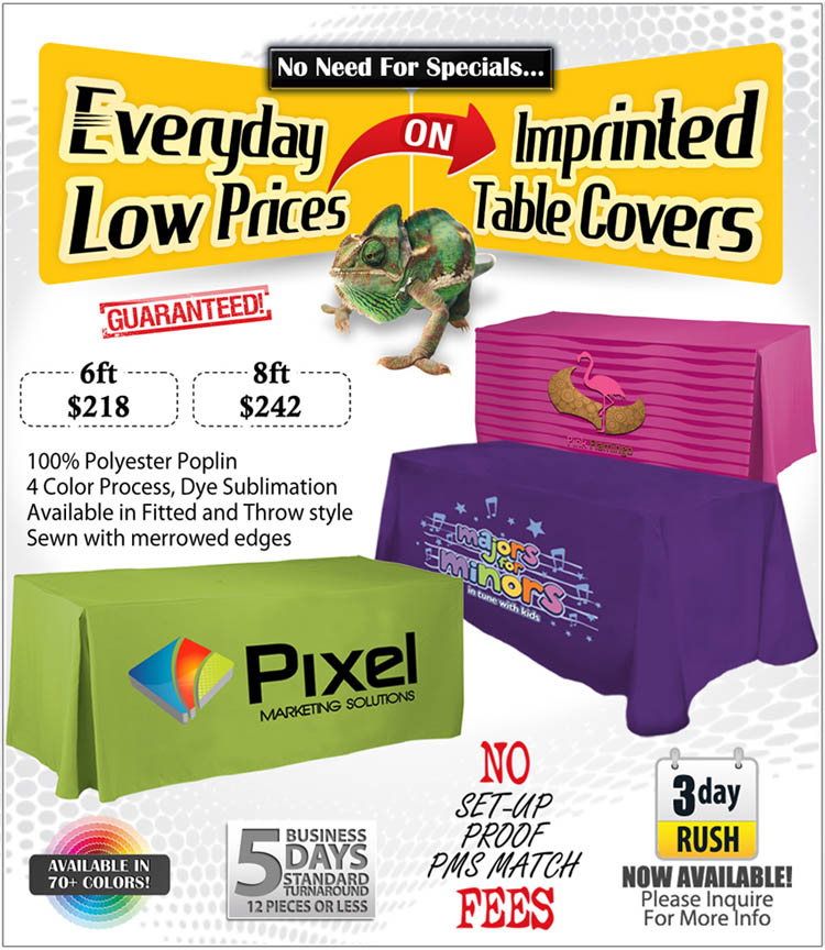 Table Topper Promo Everyday Low Prices on Imprinted Table Covers