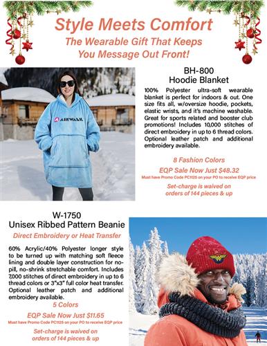 EQP Sale on Hoodie Blanket and Unisex Beanies