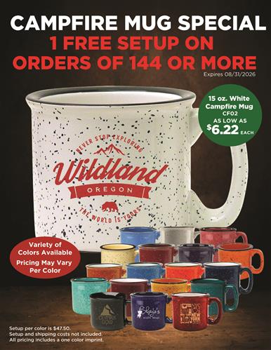 Campfire Mug Special - 1 Free Setup on Orders of 144 or More