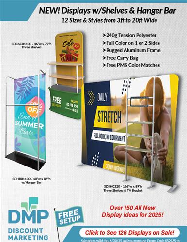 New Straight Displays w/Shelves and Hanger Bar from DMP