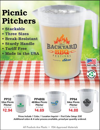 Patio Bar Friendly Plastic Picnic Pitchers - Made in the USA
