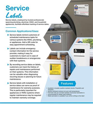 Service labels, employed by trusted professionals spanning plumbing, electrical, HVAC, and household appliances, facilitate effortless tracking of service dates.