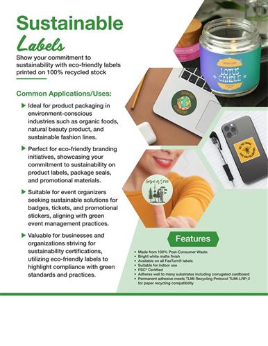 Show your commitment to sustainability with eco-friendly labels printed on 100% recycled stock