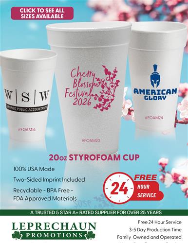 Durable Budget Priced Styrofoam Cups w/Free 24 Hr. Svc. From Leprechaun