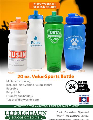 Budget Priced Sports Bottles w/Free 24 Hr. Svc. From Leprechaun