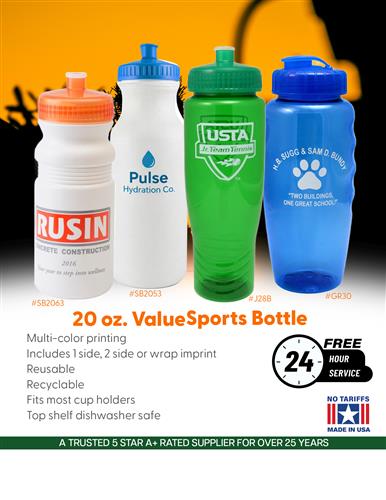 Budget Priced Sports Bottles w/Free 24 Hr. Svc.