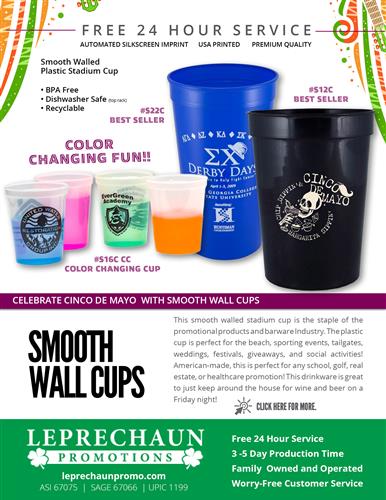 Sale on Smooth Wall Stadium Cups w/Free 24 Hr. Svc from Leprechaun