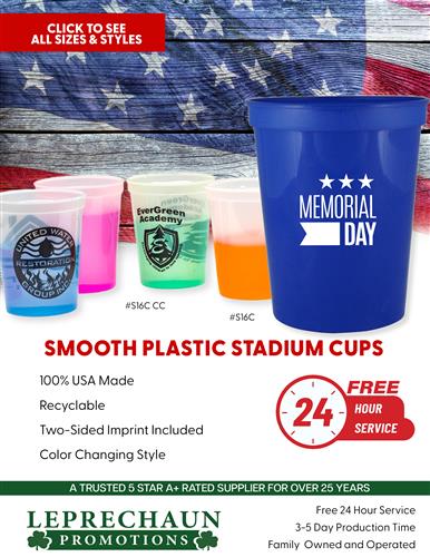 Sale on Best Selling Stadium Cups w/Free 24 Hr. Svc. From Leprechaun