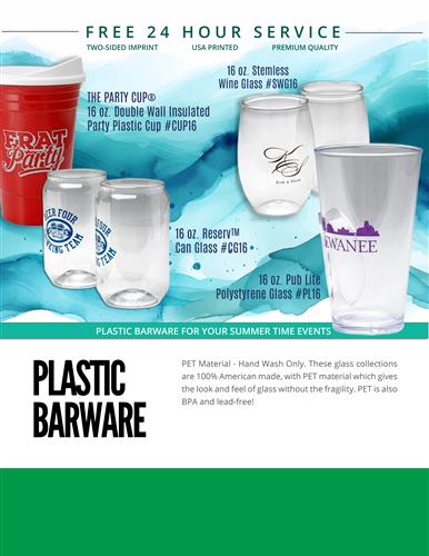 Rugged Plastic Drinkware for Summer Events w/Free 24 Hr. Svc.