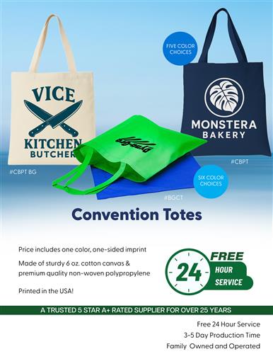 Budget Price, Premium Quality Tote Bags w/Free 24 Hr. Svc.