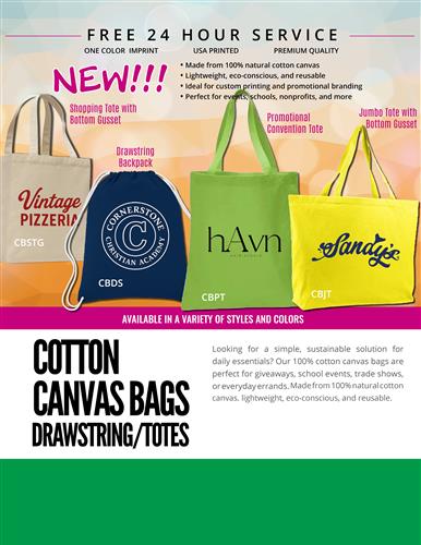 100% Cotton Totes and Shopping Bags w/Free 24Hr. Svc.