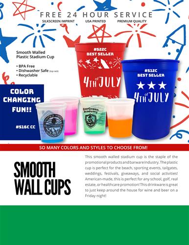 Sale on Smooth Wall Stadium Cups w/Free 24 Hr. Svc.