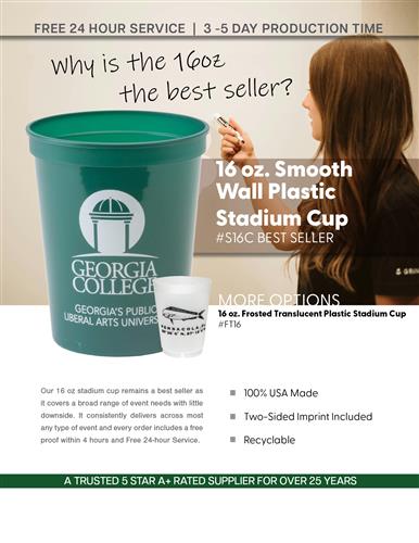 Best Selling Stadium Cup Sale w/Free 24 Hr. Svc.