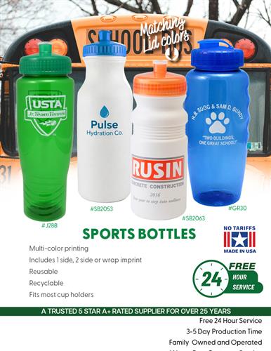 Budget Priced USA Made Sports Bottles w/Free 24 Hr. Svc.