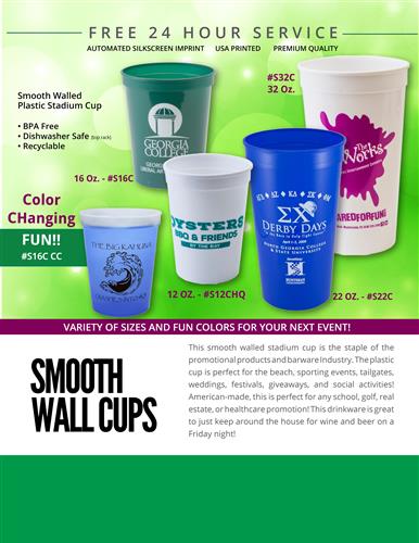 EQP Sale on Smooth Wall Stadium Cups w/Free 24 Hr. Svc.