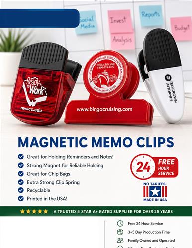 Super-Strong Magnetic Memo Clips w/Free 24 Hr. Svc.
