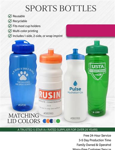 Budget Priced Sports Bottles and Free 24 Hr. Svc.