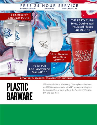 Reusable Plastic Drinkware w/Free 24 Hr. Svc.