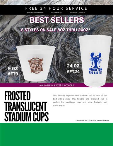 Sale on Frosted Translucent Stadium Cups w/Free 24 Hr. Svc.