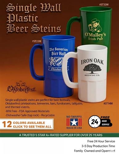 Plastic Steins in Time for Oktoberfest w/Free 24 Hr. Svc.