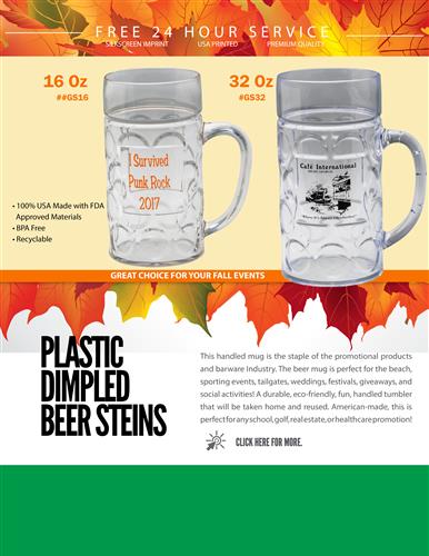 Rugged USA Made Plastic German Beer Steins w/Free 24 Hr. Svc.