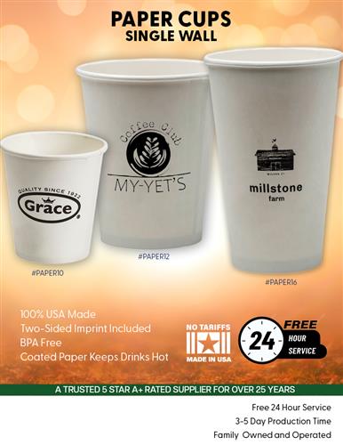 USA Made Paper Cups w/Free 24 Hr. Svc.