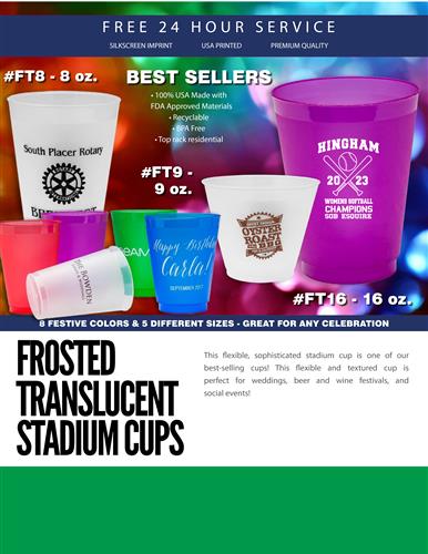Sale on Best Selling Frosted Stadium Cups w/Free 24 Hr. Svc.