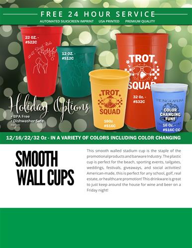 Smooth Wall Stadium Cup Sale w/Free 24 Hr. Svc.