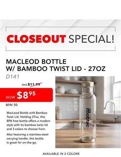 Closeout Special Macleod Bottle with Bamboo Twist Lid