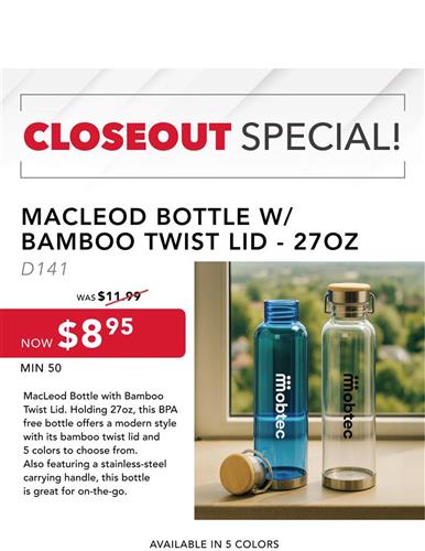Closeout Special Macleod Bottle with Bamboo Twist Lid