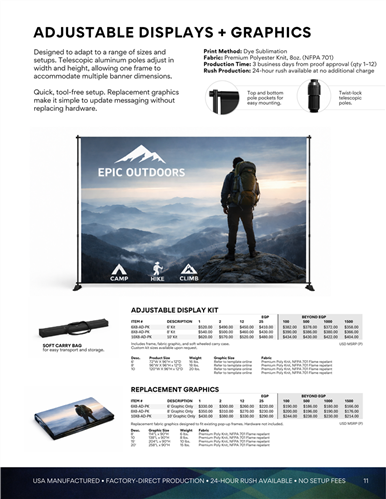 Adjustable display kits with interchangeable graphics and flexible sizing for events and exhibits.