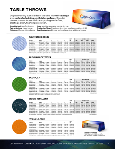 Full-color table throws available in multiple fabric options for events and displays.