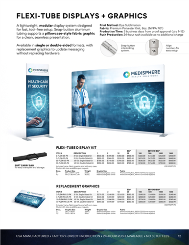 Flexi-tube displays with lightweight frames and full-color fabric graphics for events and exhibits.