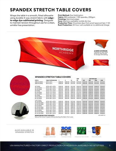 Stretch table covers with form-fitting construction and full-color fabric graphics for professional 