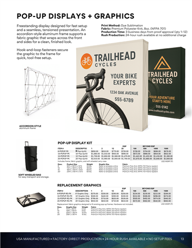 Pop-up display systems with collapsible frames and full-color graphics for event environments.