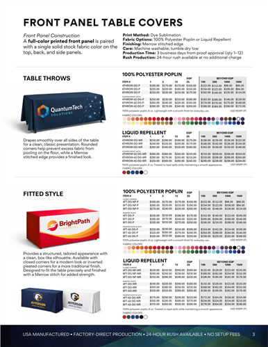 Table covers with custom-printed front panels designed for clean, professional event branding.