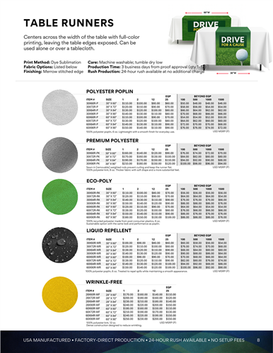 Custom table runners designed to add layered branding and visual impact to event tables.