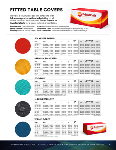 Fitted table covers designed for clean, tailored table presentations at events and exhibits.
